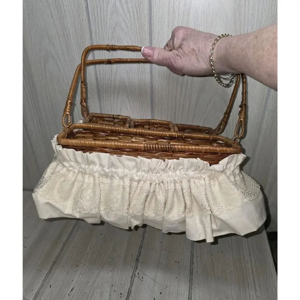 Vintage Wicker Basket Storage Caddy Silverware Picinic Organizer Heart Lace Bow